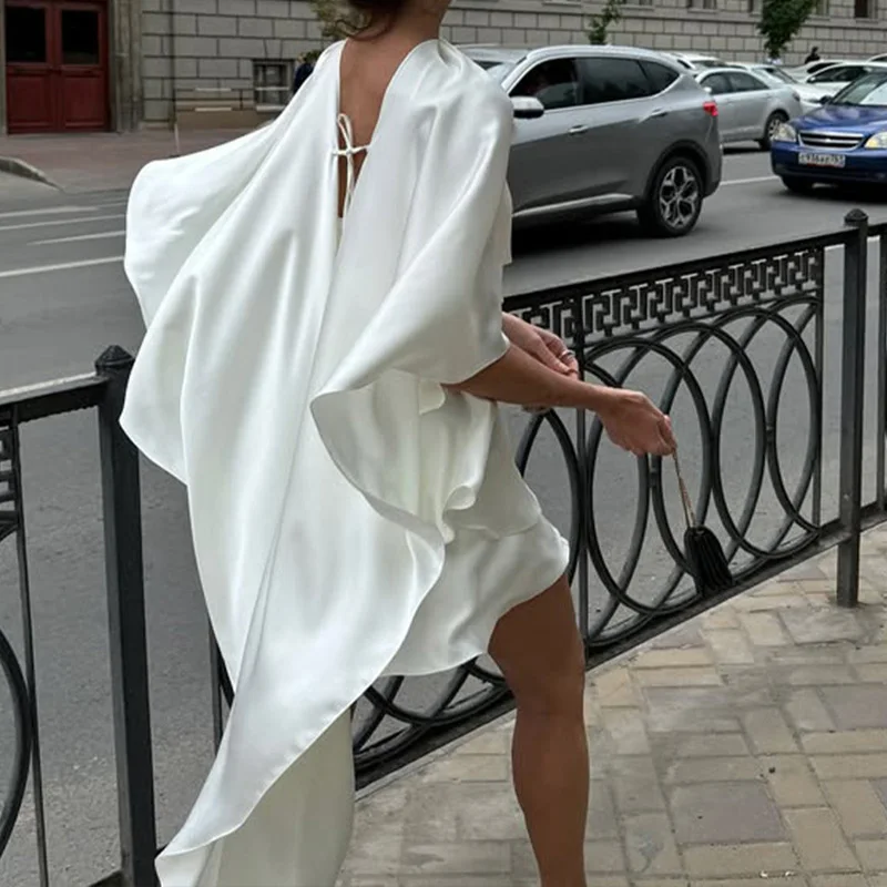 Elegant Sleeveless Slim Fit Party Dress 2025 Satin Solid Color Ruffle Edge Short Dress Women Casual Shawl High Waist Mini Dress