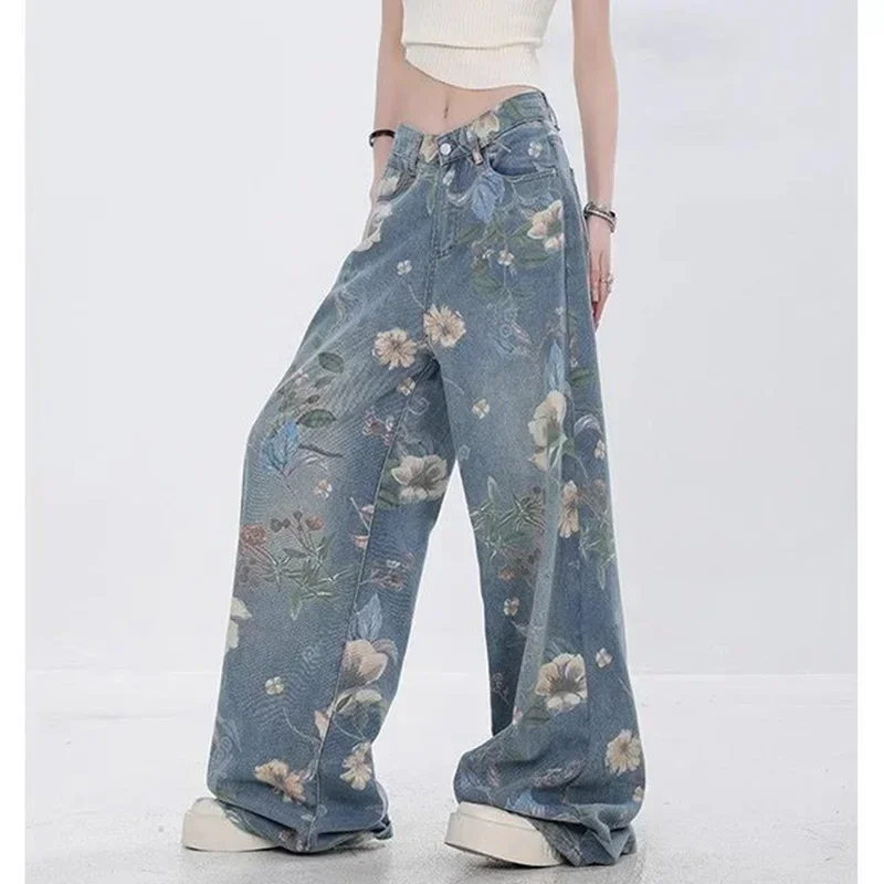 

Джинсы с винтажным принтом, женские модные новые цветочные корейские джинсовые брюки в стиле хип-хоп, осенние свободные повседневные широкие брюки Y2K High Street
