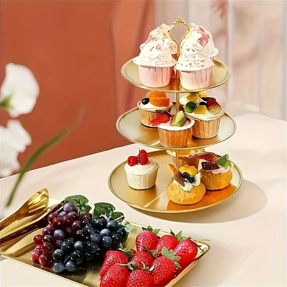 Soporte para Cupcakes de 2/3 Niveles, Bandeja de Servicio Escalonada de Acero Inoxidable, Soporte para Postres, Soporte para Pastel Dorado, Plato para Frutas Fácil de Montar para Fiestas