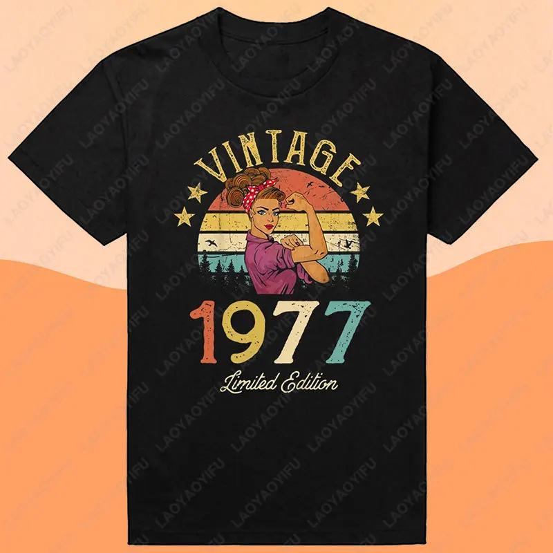 امرأة خمر 1977 طبعة محدودة الأسود القطن تي شيرت الرجال ريترو الصيف موضة 48th 48 سنة حفلة عيد ميلاد الذكور بلايز #3