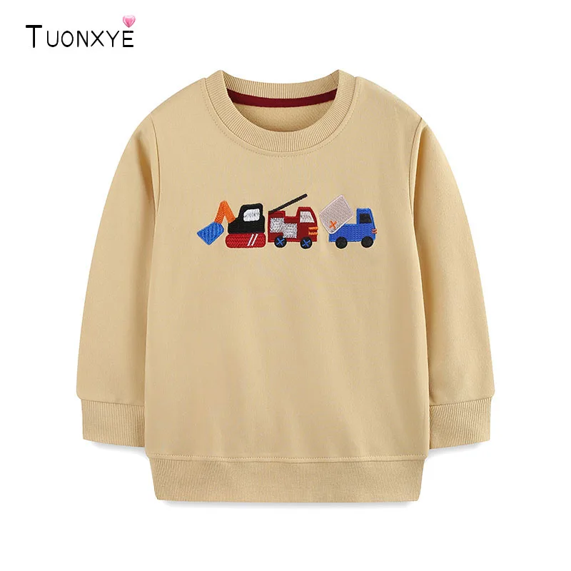 TUONXYE Toddler Boys Cotton Crew Neck Sweatshirt Embroidery Excavator Truck Pattern Long Sleeve Pullover Kids Casual Sport Tops