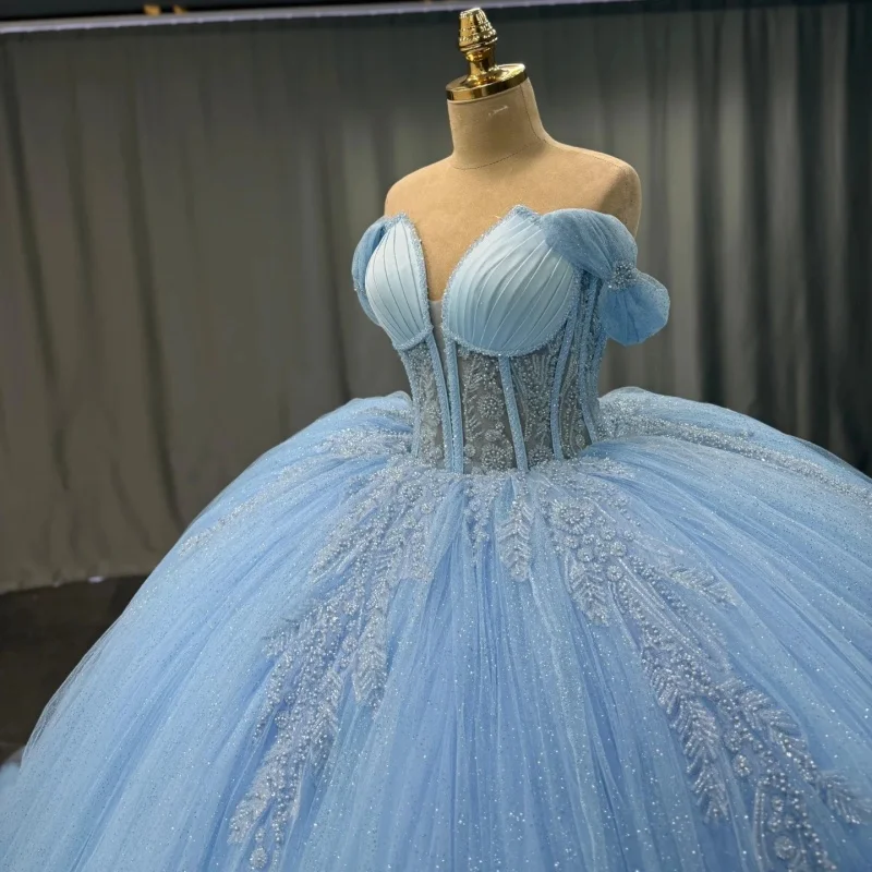 

Shiny aqua blue Quinceanera Dress off-shoulder glitter Lace ruffles Long tail vestidos de 15 Quinceanera ﻿Customize