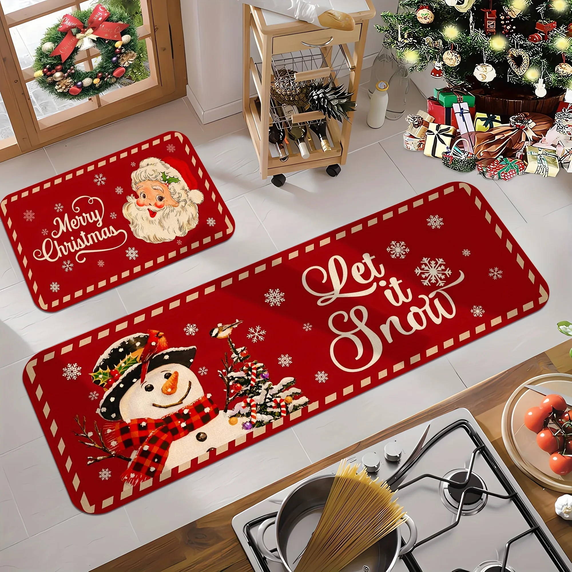 

Merry Christmas Kitchen Mat Snowflake Snowman Absorbent Rug Bedroom Long Rug Entrance Doormat Parties Home Decorations