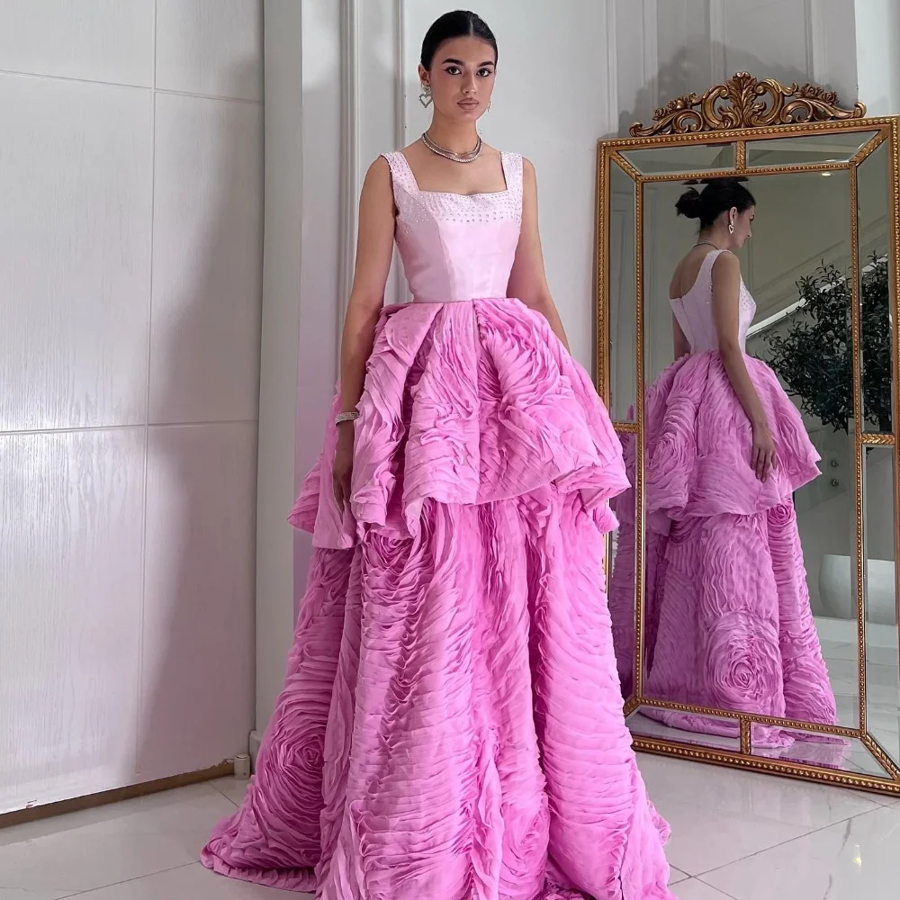 

Customized Exquisite Fashion Charmeuse Tiered Rhinestone Pleat A-line Off-the-shoulder Long Dresses Bespoke Occasion Dresses