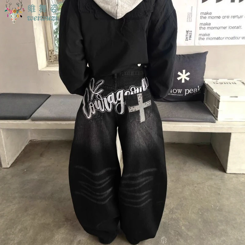 

Harajuku Baggy Women's Jeans Y2k Black Letter Wide Leg Denim Pants Scimitar Pants Chic Hip Hop Streetwear Causal Jeans Gothic