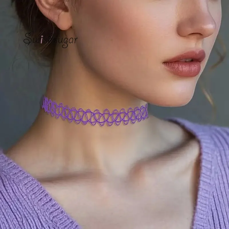 

2pcs/Set Purple Black Rainbow Stretch Necklace Elastic Tattoo Choker Jewelry Personality Neck Chain Jewelry Gift Favor