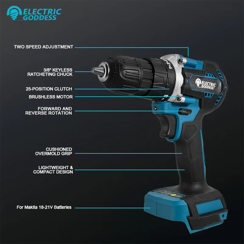 Electric Goddess DDF485 Rechargeable Brushless Electric Impact Drill Cordless Screwdriver Power Tool Sets For Makita 18V Battery