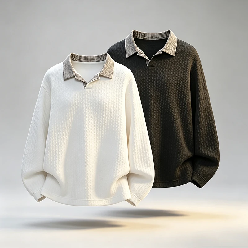 Herren-Polohemd mit Textur, langen Ärmeln, Kontrastkragen im Karomuster, lockere Passform, vertikale Streifen, Strickoberteil, lässiger Stil, Streetwear, für den täglichen Gebrauch. – Detail 3