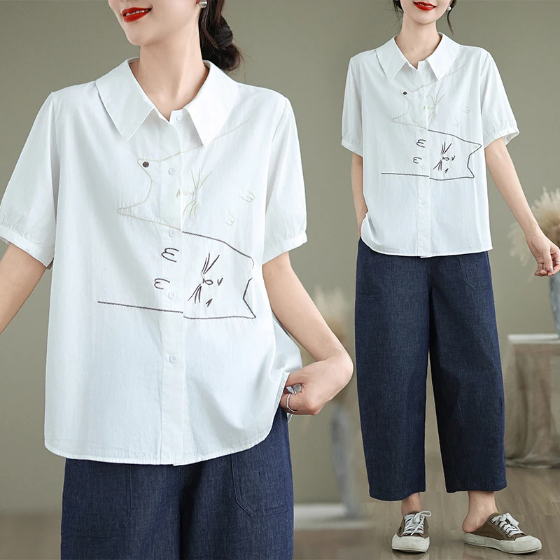 

Повседневная белая свободная блузка с принтом для женщин, летняя, больших размеров, с воротником-стойкой, утягивающая, с коротким рукавом, из смесового полиэстера и хлопка