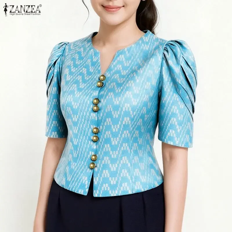 

ZANZEA элегантные атласные рубашки женские с v-образным вырезом повседневная блузка летняя с короткими рукавами-фонариками винтажная туника топы с принтом оверсайз Blusas Femme