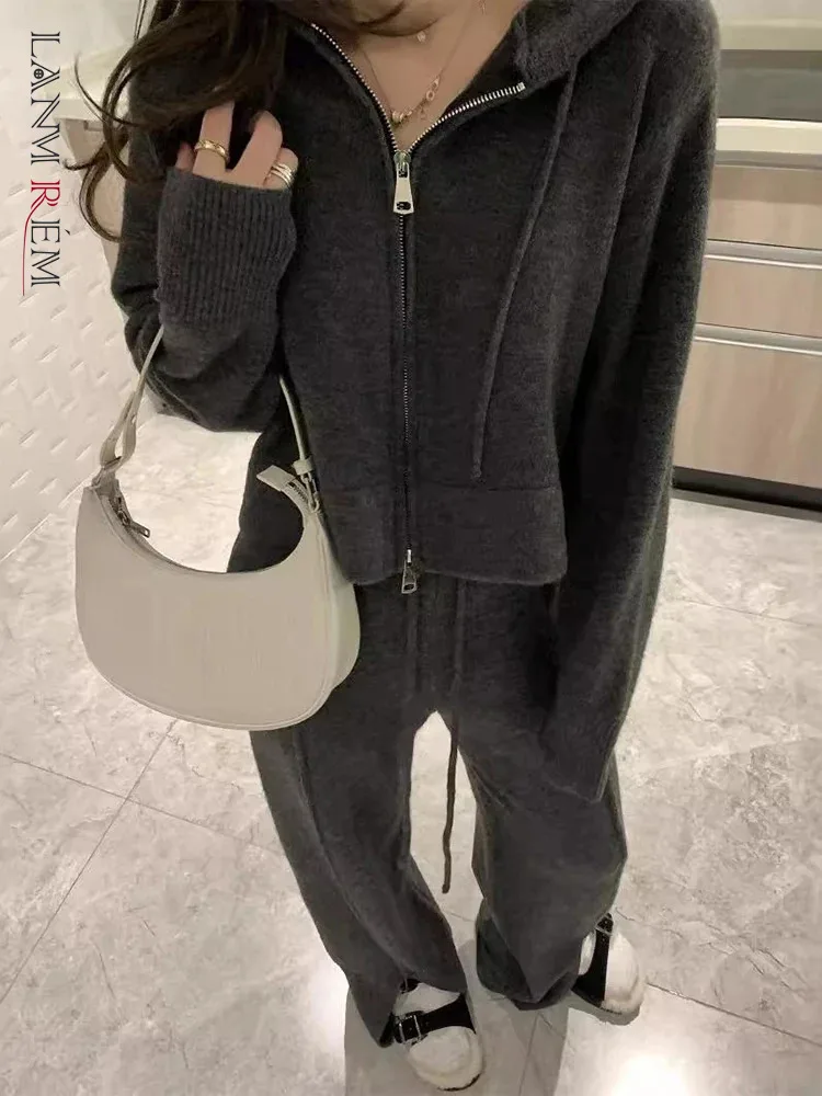 LANMREM Fashion Knitted 2 Piece Set Women Hooded Zipper Sweater High Waist Long Pants Casual 2024 Autumn New Clothing 2VV151