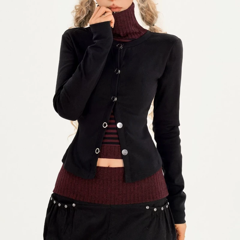 Cárdigan de punto falso de dos piezas con cuello alto para mujer, conjuntos de Falda corta con empalme a rayas adelgazantes originales, primavera 2026