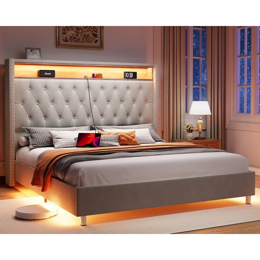 

Queen Bed Frame with LED Lights Charging Station, Velvet Tall Upholstered Platform Bed Frame with Motion Activated Night Lights