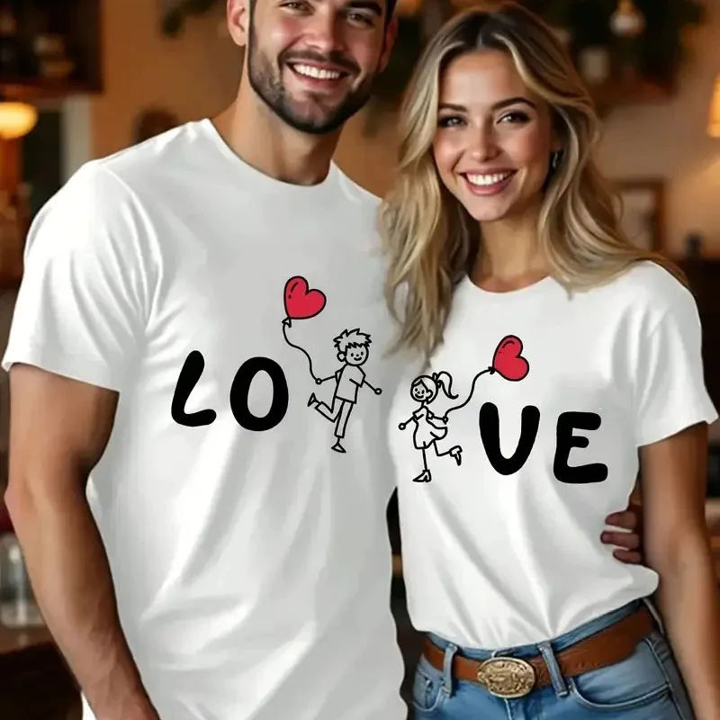 Couple T-shirts LOVE Print Matching Outfits Men Women Cute Cartoon Heart Short Sleeve Tees Valentine's Day Casual Tops