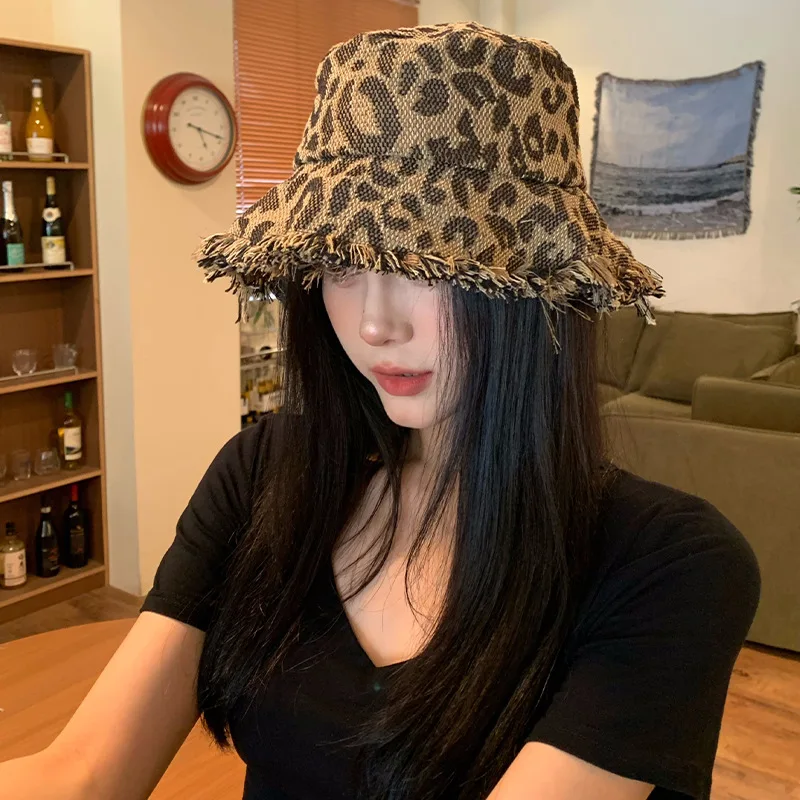 Leopard Print Burrs Bucket Hats for Women American Summer Sun Hat Big Brim Fashion Sunscreen Niche Basin Caps for Men