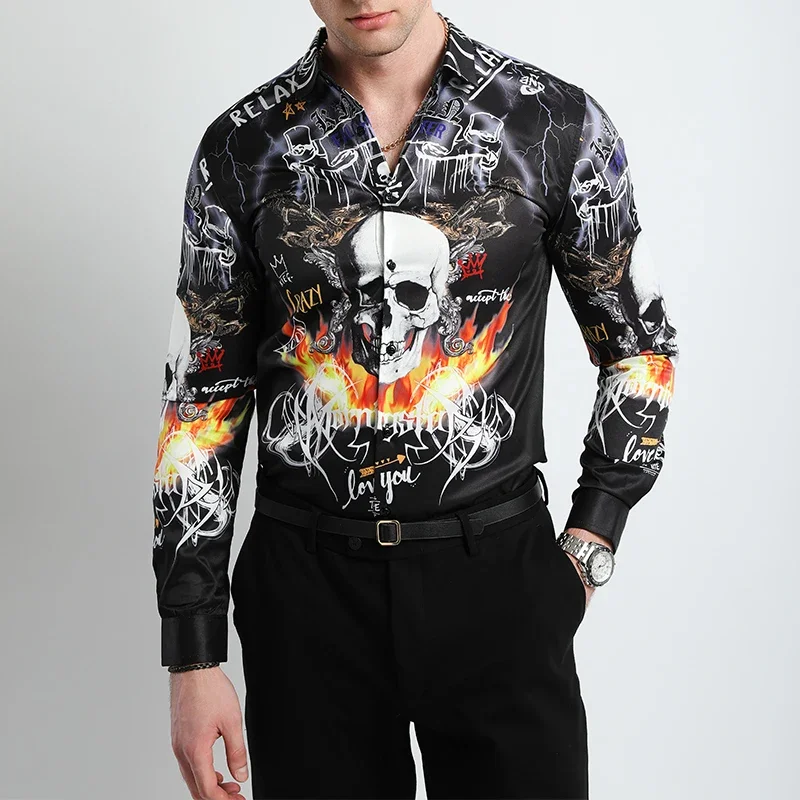 

2025 New High Quality Men's Hawaiian Style Multi-color Print Travel Club Party Casual Retro Ethnic Style Long Sleeve Slim Shirt