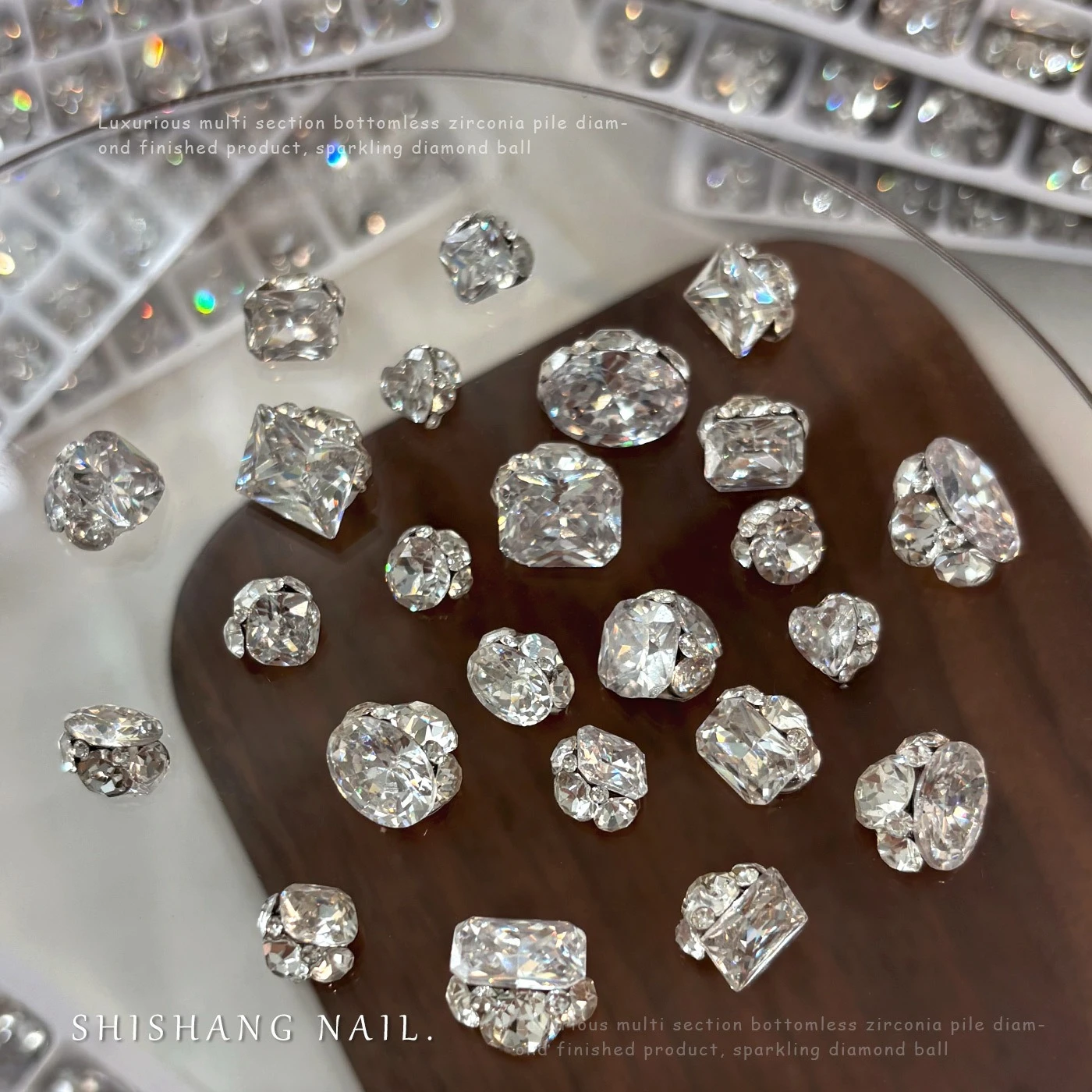 6Pcs Baseless Pre-made Zircon Nail Clusters, Sparkling Fat Square, Oval, Sugar Cube & Heart Rhinestone Charms