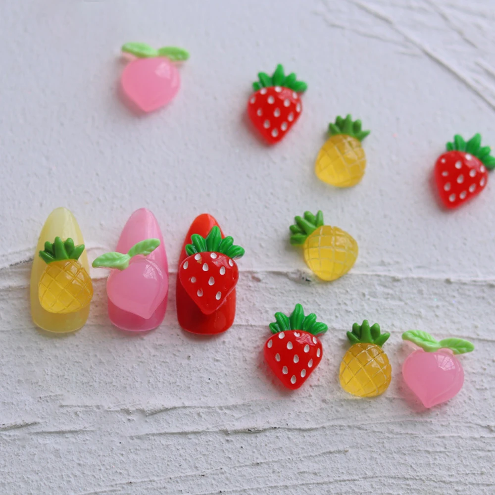 10pcs Strawberry Nail Charms Resin Cute Honey Peach Summer Season Manicure Decoration Kawaii Fruit Nail Art Rhinestones