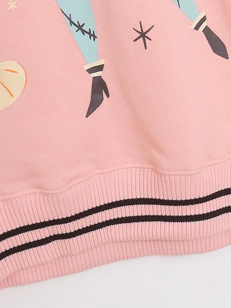 Disney Halloween The Nightmare Before Pumpkin Cartoon Print Fleece Sweatshirt Damen Langarm O-Ausschnitt Pullover Pullover Tops Rosa