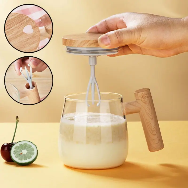 400ML Self Stirring Coffee Mug 7000rpm High Speed Self Mixing Glass Mug With Wooden Handle for Coffee Milk Protein Powder