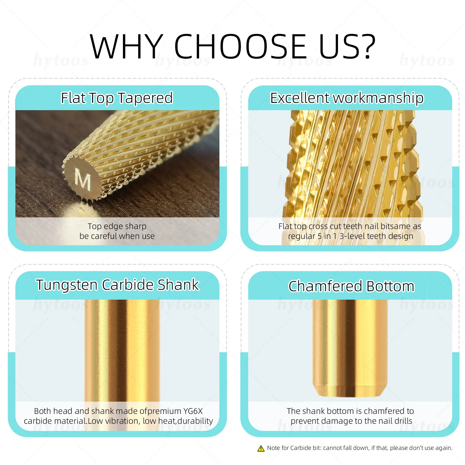 HYTOOS ゴールド テーパー型 5 in 1 ネイルドリルビット フラットトップ 超硬ネイルビット ジェル除去 電動ドリル ファイル マニキュア アクセサリー ツール