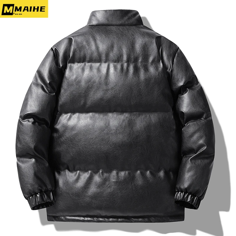 Chaqueta de invierno para hombre, abrigo corto Vintage de cara brillante, cuello levantado, abrigo de PU para motocicleta, ropa de calle de Hip Hop, parka de esquí impermeable a la moda