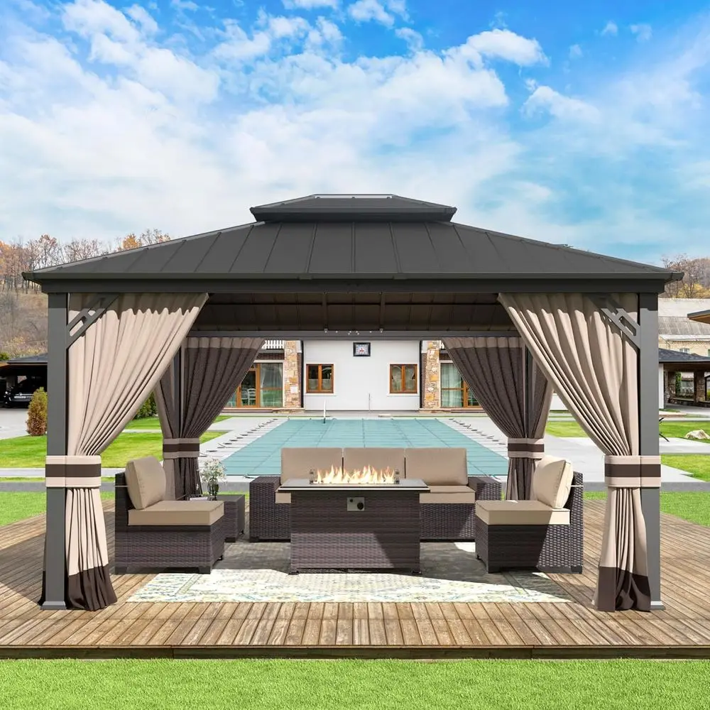 

12' x 14' Outdoor Gazebo, Hardtop Gazebo with Curtains and Netting, Outdoor Pavilion with Iron Double Roo, Permanent Metal Pergo