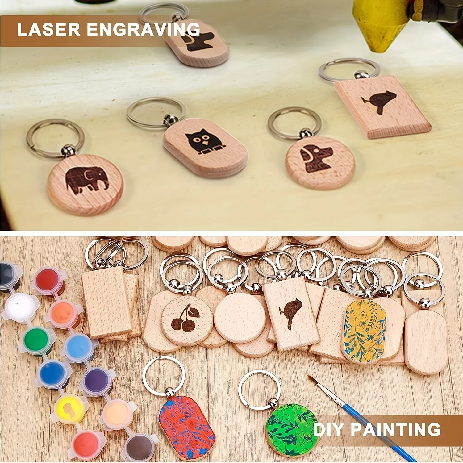 30 Pieces Wood Keychain Blanks 3 Shapes Laser Engraving Blanks Key Chain Unfinished Wood Keychains Bulk for DIY Crafts Gift