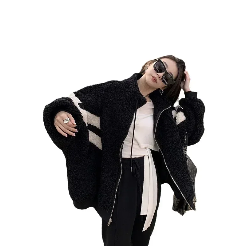Women\'s Lamb Fleece Warm Thick Coat, Stripes Winter Clothes, Women\'s Fashion Coats, Standing Collar, Zipper Tops, Autumn, 2023