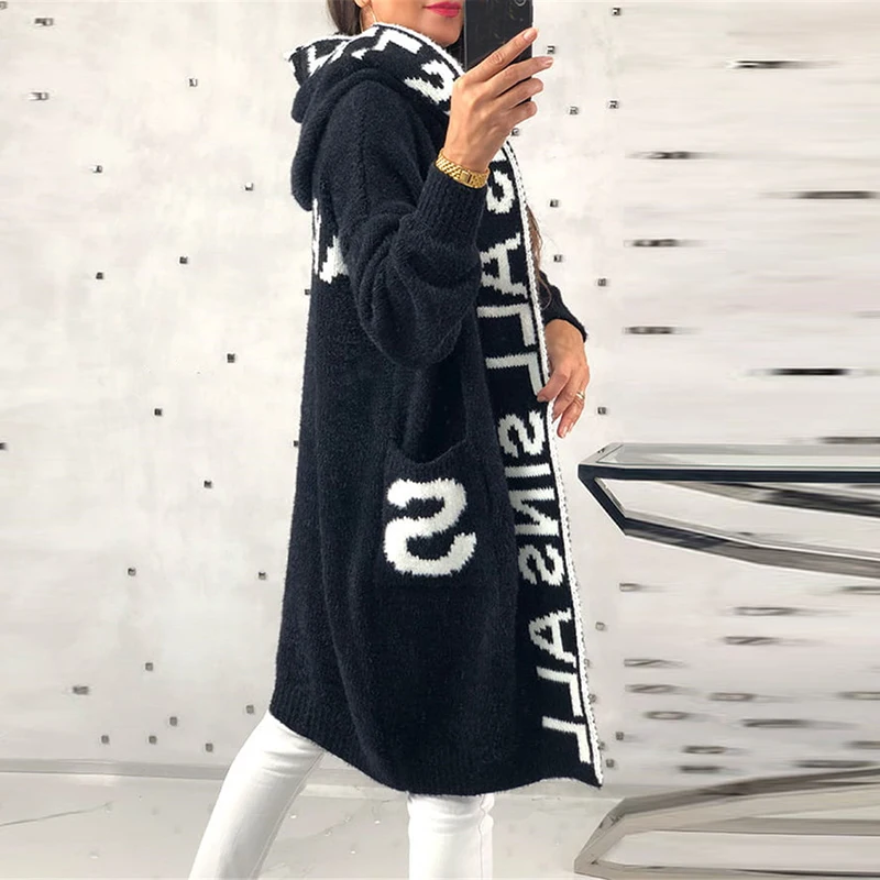 Elegant Winter Women Long Sweater Coat 2023 Letter Print Hoodies Cardigans For Women Fashion Knitted Sweaters Jacket