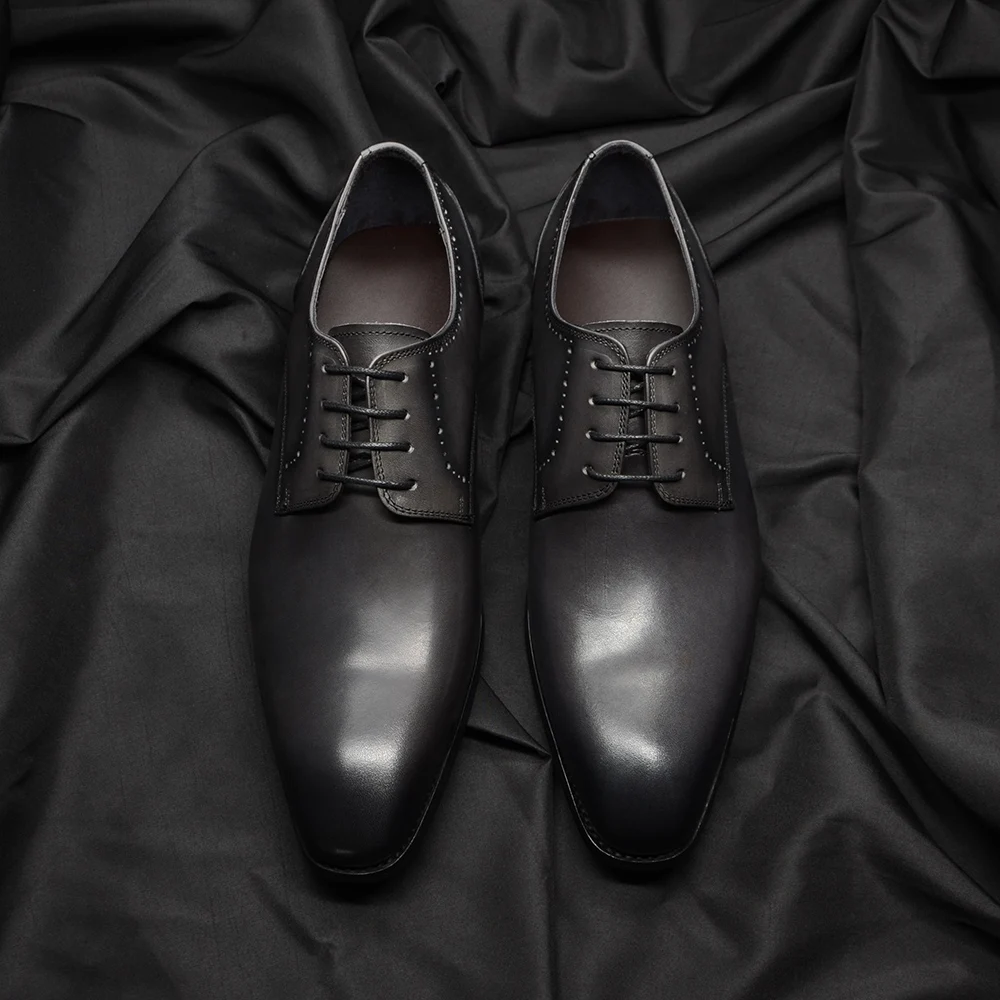 Classic Handmade Men\'s Derby Dress Shoes Gray Genuine Cow Leather Lace-up Pointy Plain Toe Business Wedding Formal Shoes for Men