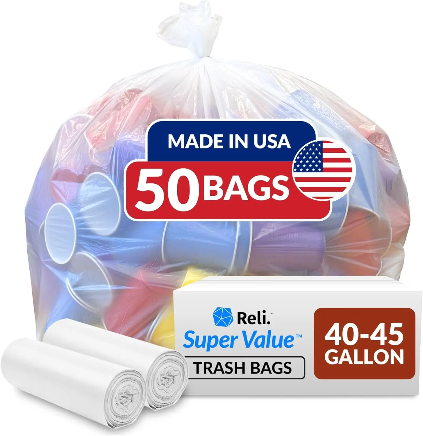 

40-45 Gallon Heavy Duty Trash Bags, 50 Count Clear Garbage Bags for Large Waste Disposal