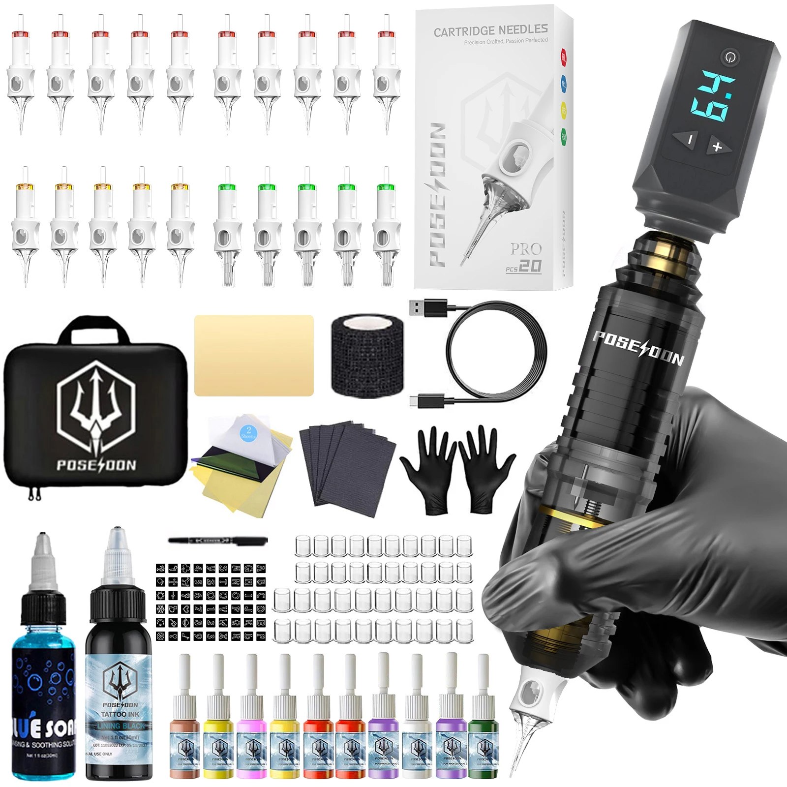 

Набор для татуировки POSEIDON V6, прозрачная ручка для татуировки, набор для перманентного макияжа, набор тату-машин, черный беспроводной набор тату-пистолетов