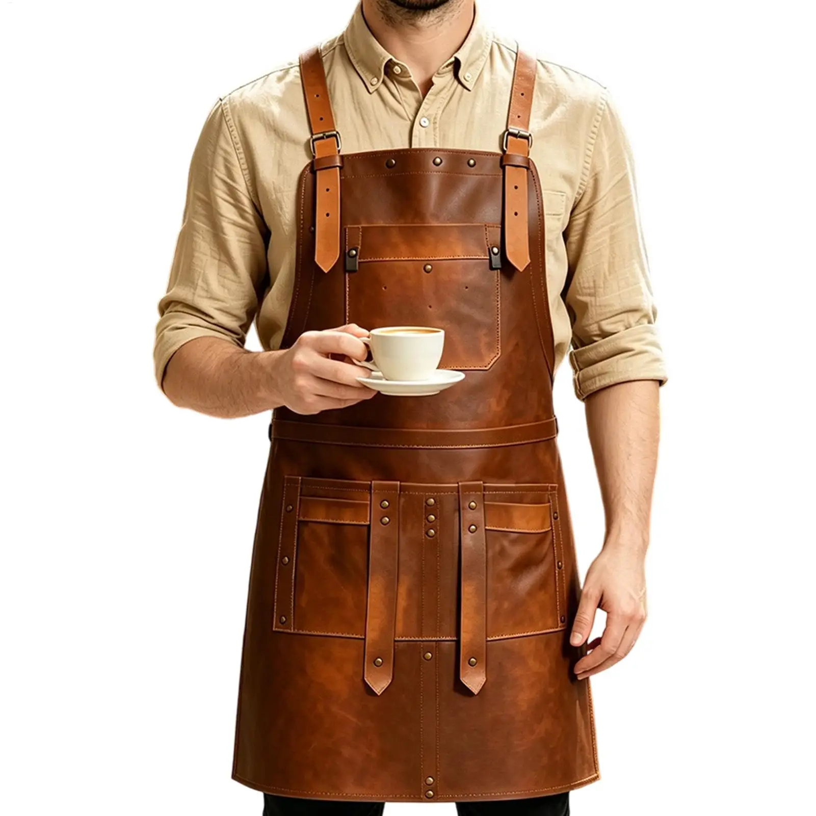 Leather Apron with Multiple Pockets Adjustable Straps Cross-Back Wood Working Apron for Barbecuing Baking Woodworking Handicraft