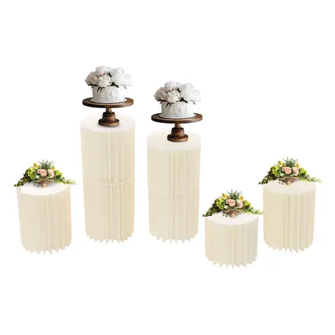 7PCS Wedding Party Flower Stand Cylinder Foldable Cardboard Centerpiece Table Paper Column Display Stand with PVC Panel for Wedding Dessert Flower Load 25kg/55 lbs