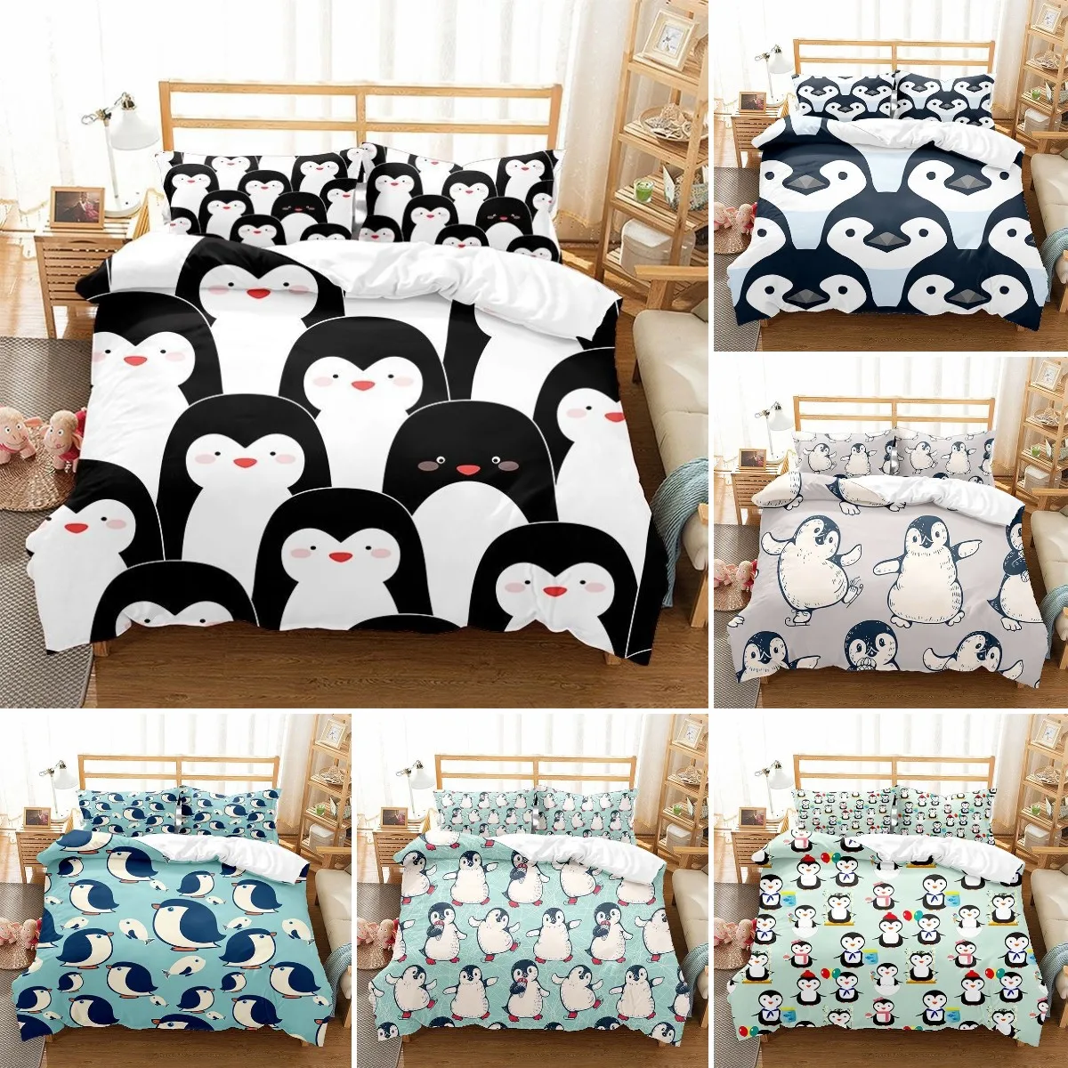 Cartoon Penguin Bedding Set King/Queen Size For Kids Boys Girls,animated Antarctic Animal Illustration Quilt Cover,White Black