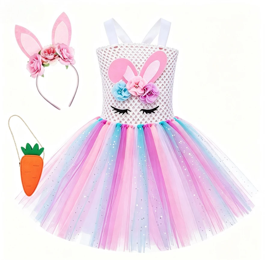 Cute Bunny Sequin Tulle Puffy Skirt With Rabbit Ear Headband Carrots Bag Outfit For Stage Performance Halloween Easter Party Set