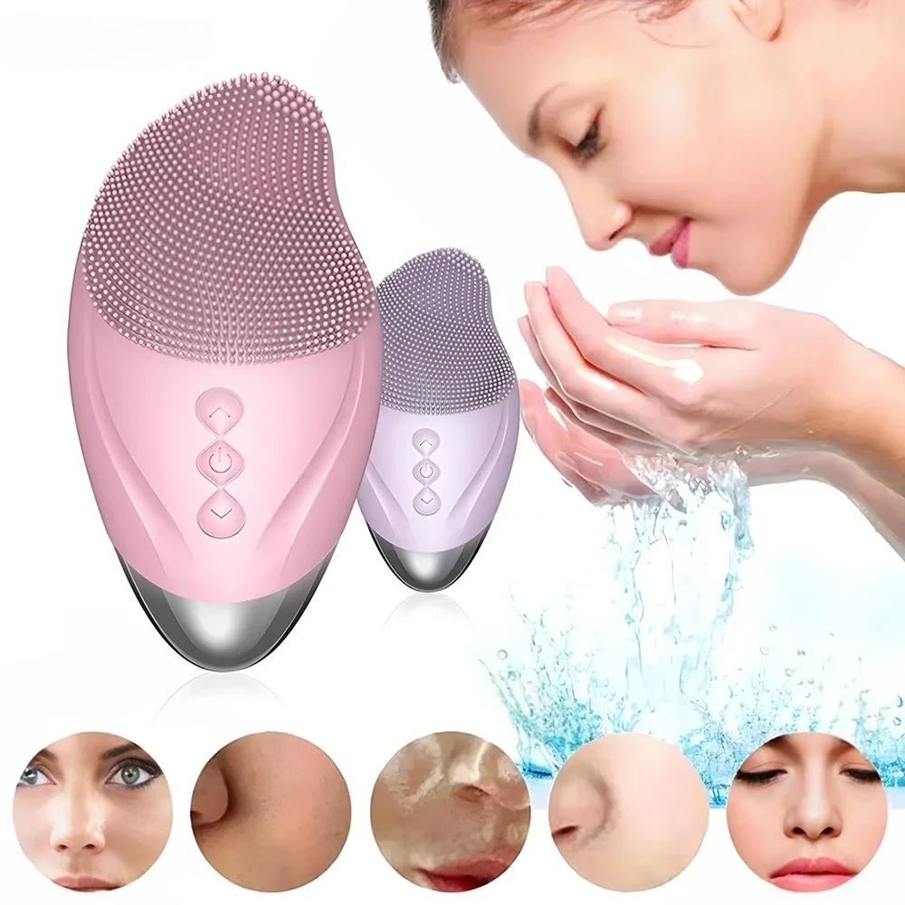 2 in 1 Electric Silicone Facial Cleansing Brush Charging Cleaner Ultrasonic Deep Cleaning Pores Hot Compress Massage Care Device
