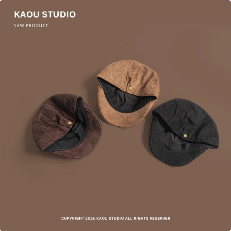 Japanese Retro Suede Solid Color Forward Hat for Men and Women Autumn and Winter Outdoor Fashion British Short-brimmed Beret Cap