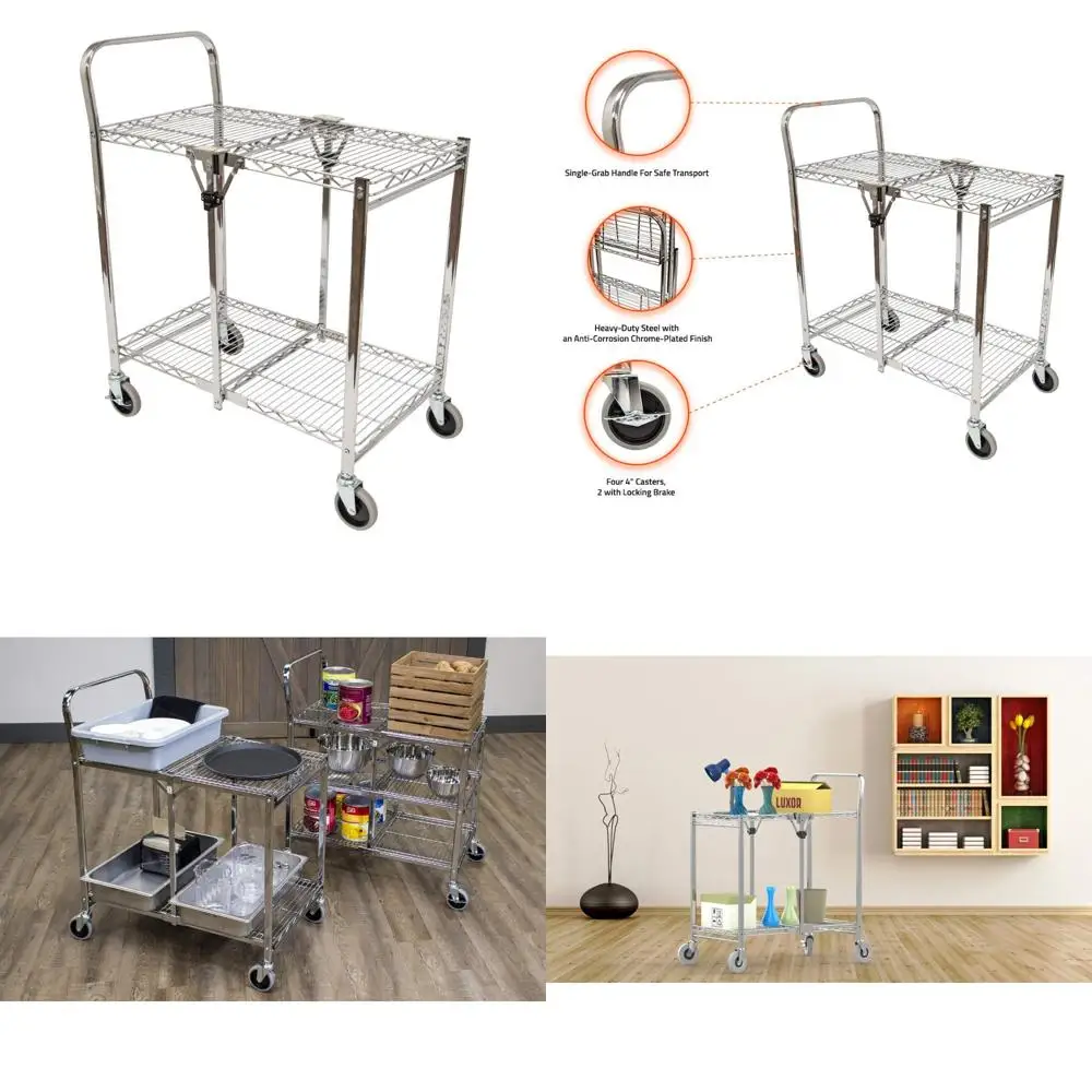 

Luxor WSCC-2 Dual-Shelf Folding Wire Cart with Wheels for Heavy Duty Use, Holds 200 Pounds, and Compact Storage, 37 Inches Wide