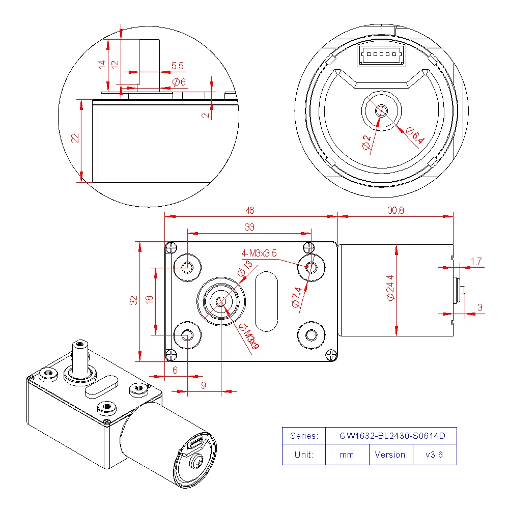 GW4632-BL2430 DC Brushless 12V 24V Turbo Worm Gear High Torque Low Speed Micro BLDC Motor 2 3 6 10 13 18 23 30 40 66 90 150RPM