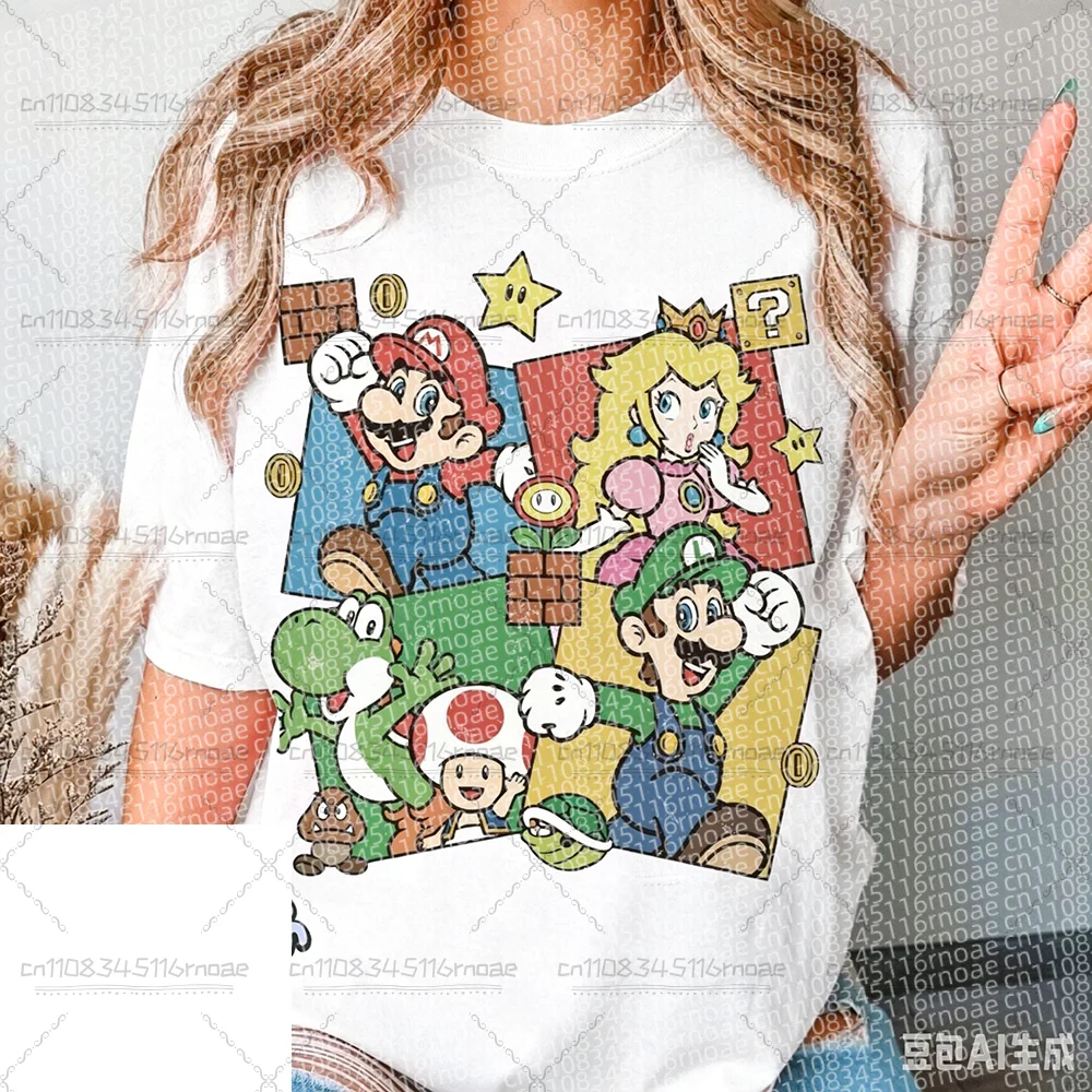 

2026 New High Quality Summer Cute Super Mario Yoshi Princess Peach Shirt Printed Pattern Role Playing Casual Cotton Top