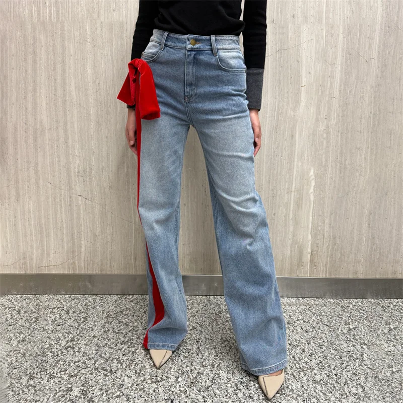 Women's jeans 2025 Spring New in high waisted slim fit women's pants Velvet spliced pencil pants Cotton blend straight leg pants