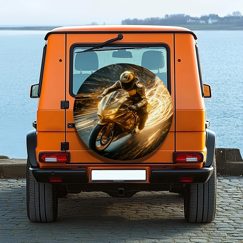 

Golden Motorcycle Rider Speed Light Spare Tire Cover Durable Polyester Wheel Protector