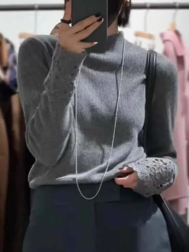 

Ele Long Sve Camere Knitted Sweater Lace Splicing f High Collar Women's Soft Cozy Base Layer irt Commute Sle