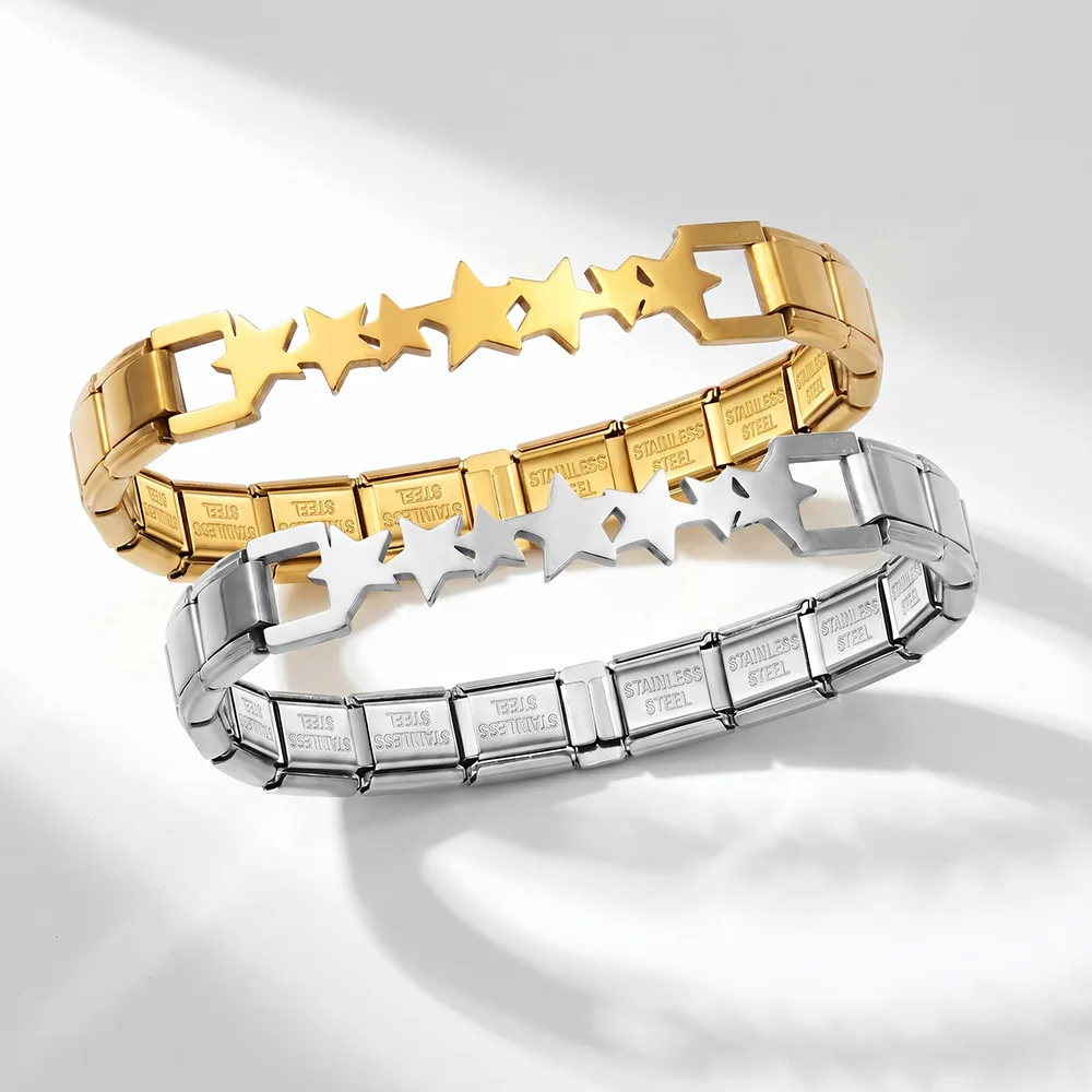 Gold Silver Color 20Pcs Wholesale Bulk Italian Star Charm Bracelets Stainless Steel Modular Elastic Links Chains Y2K Jewelry Lot