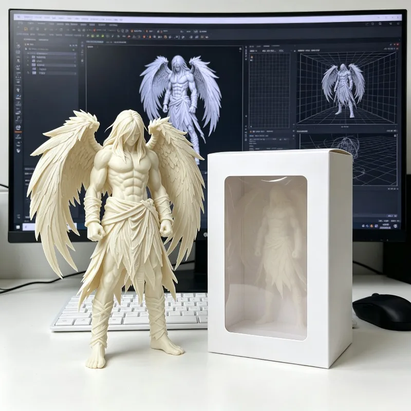 Angel Wings Male Figure Sculpture 3D Printed Desktop Ornament Black White Integrated Tabletop Home Decoration