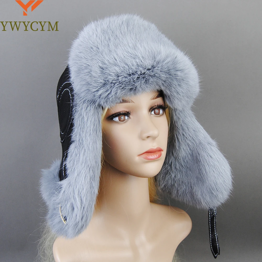 

Hot Sale Winter Women's 100% Real Rabbit Fur Bomber Hat Ushanka Cap Trapper Russian Woman Ski Hats Caps Real Sheepskin Leather