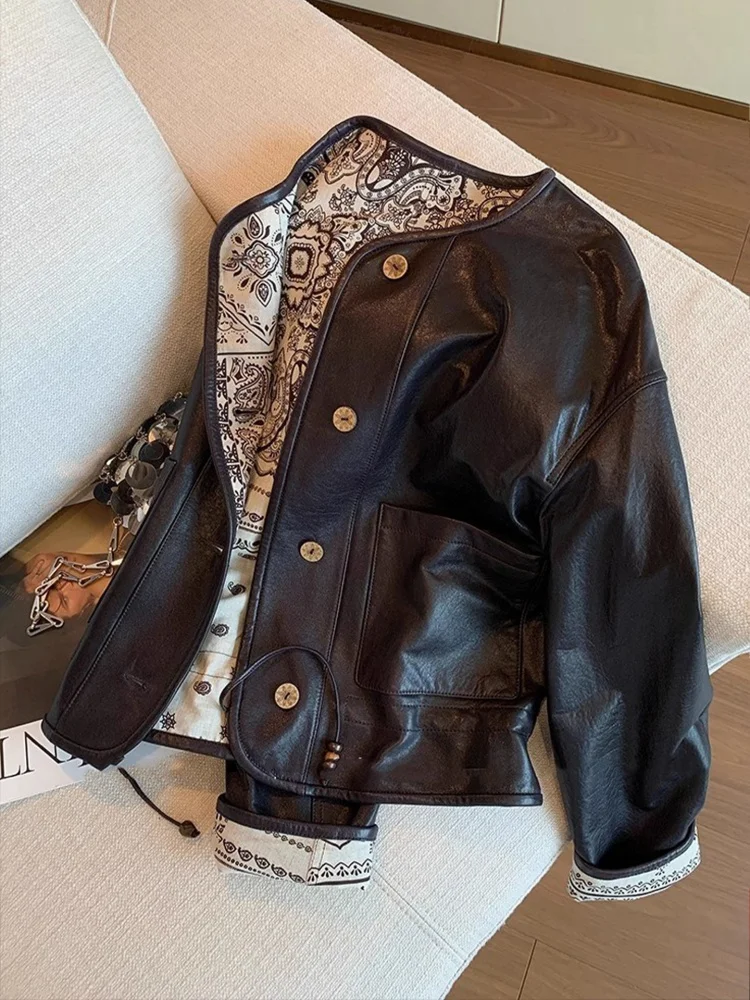 Faionable haut de gamme Bla rond Ne épissé cuir Jaet ample minceur ort haut pour hommes et femmes printemps automne