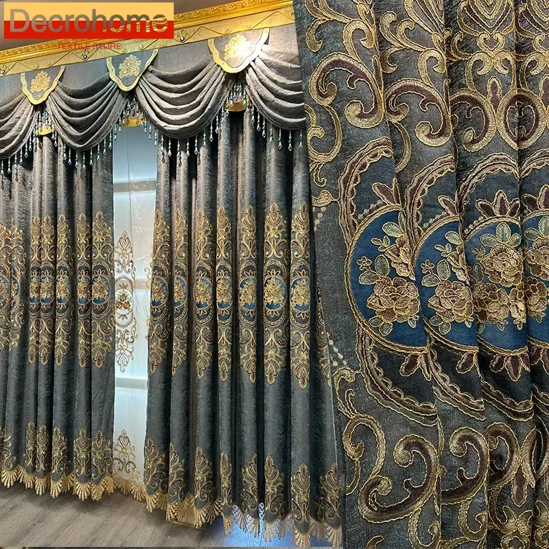 

Custom Embroidered Screen Blue Gray Chenille Thickened Curtains for Living Room Bedroom French Window Villa Balcony Valance